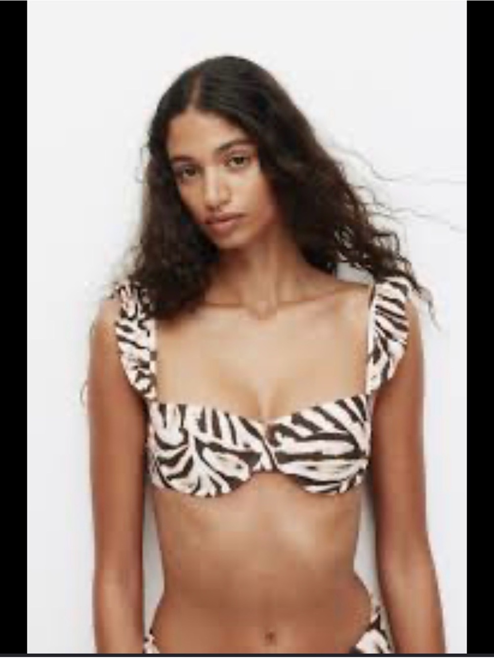 H&M Zebra-Print Ruffle Bikini Top in Cream and Black